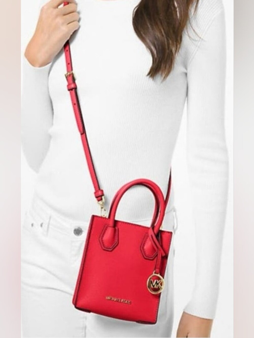 Michael Kors Mercer Red Pebbled Leather Mini Crossbody Tote Bag Gold NWT - Picture 6 of 6
